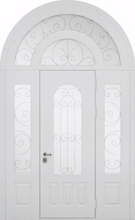 Арочная парадная термодверь с остеклением, ковкой и белыми панелями МДФ