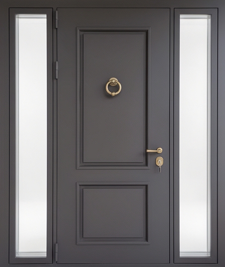 Входная группа с остеклением по бокам, кнокером и металлофиленкой (порошковое покрытие)